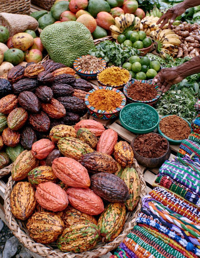 Cocoa pods and spices at a Creole market