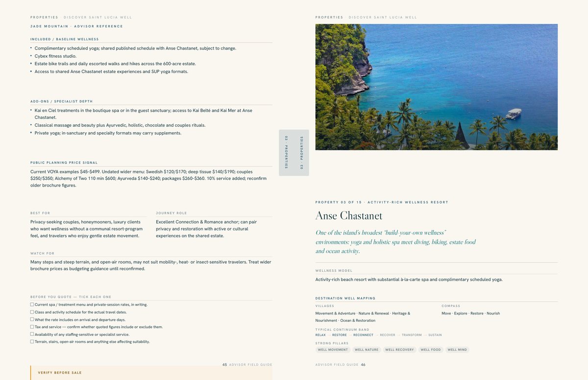 A spread from the Travel Advisor Field Guide showing property reference pages and a pre-quote checklist