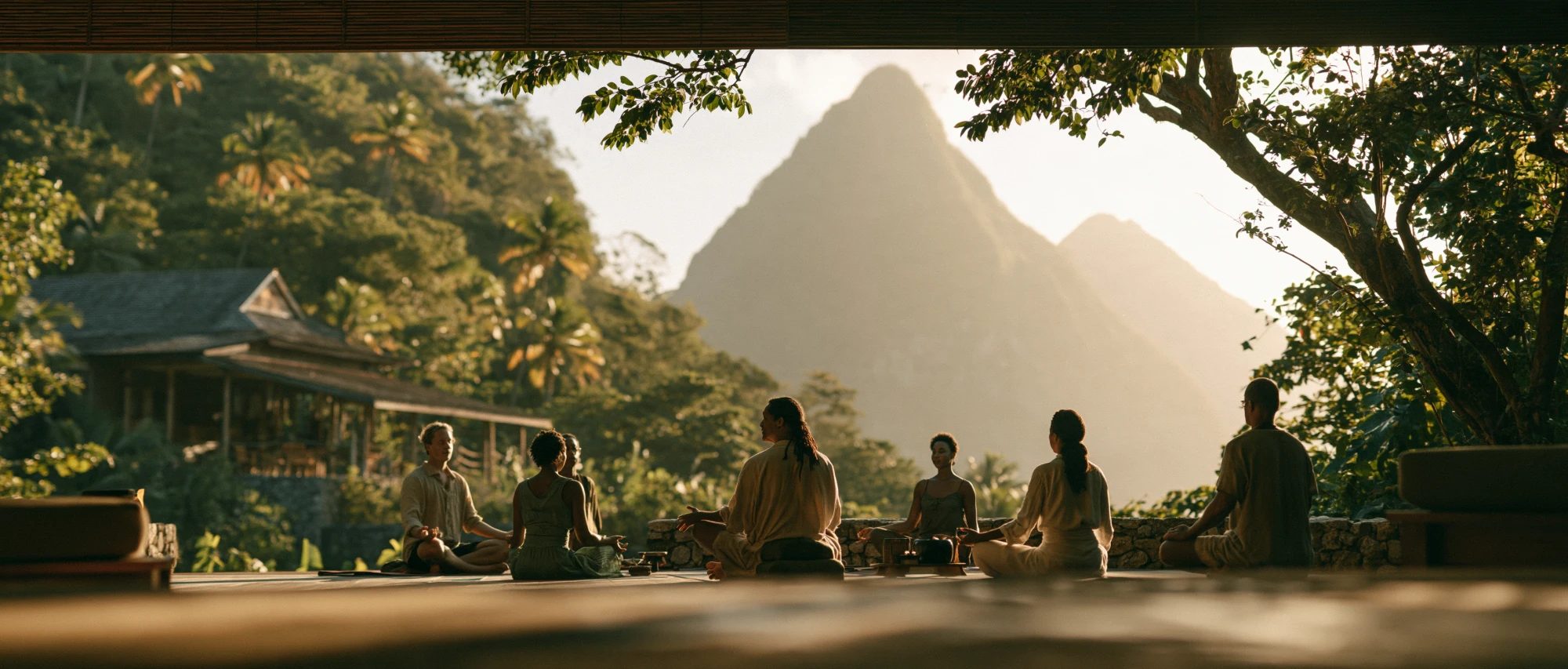 A facilitator and a small group seated on an open-air terrace at golden hour, with the Pitons rising behind them.