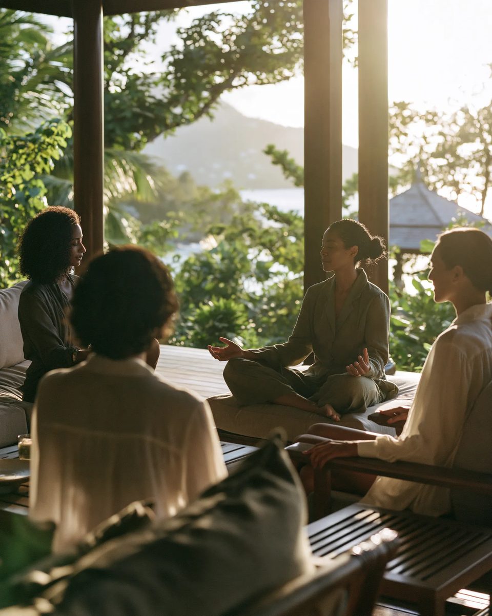 A facilitator and a small group seated in a circle on an open-air terrace at golden hour, with green hillside and the sea beyond.