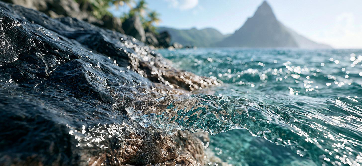 Clear water breaking over dark volcanic rock, with one of the Pitons rising in the distance.