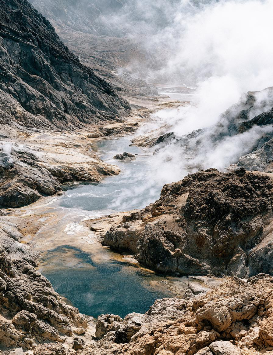 Steam rising from the terraced mineral pools of Sulphur Springs, forested Piton slopes behind.